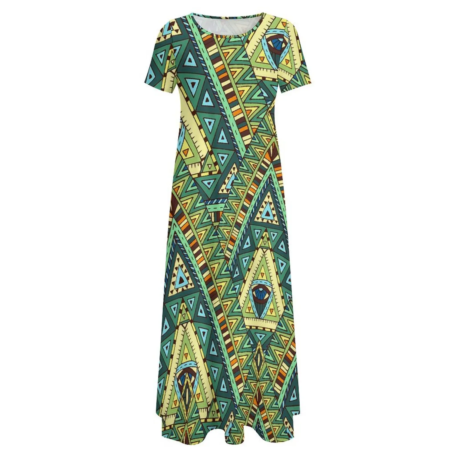 Robe longue ethnique Boho pour femme, tenue de soirée maxi verte et jaune, manches courtes, drôle, plage, grande taille