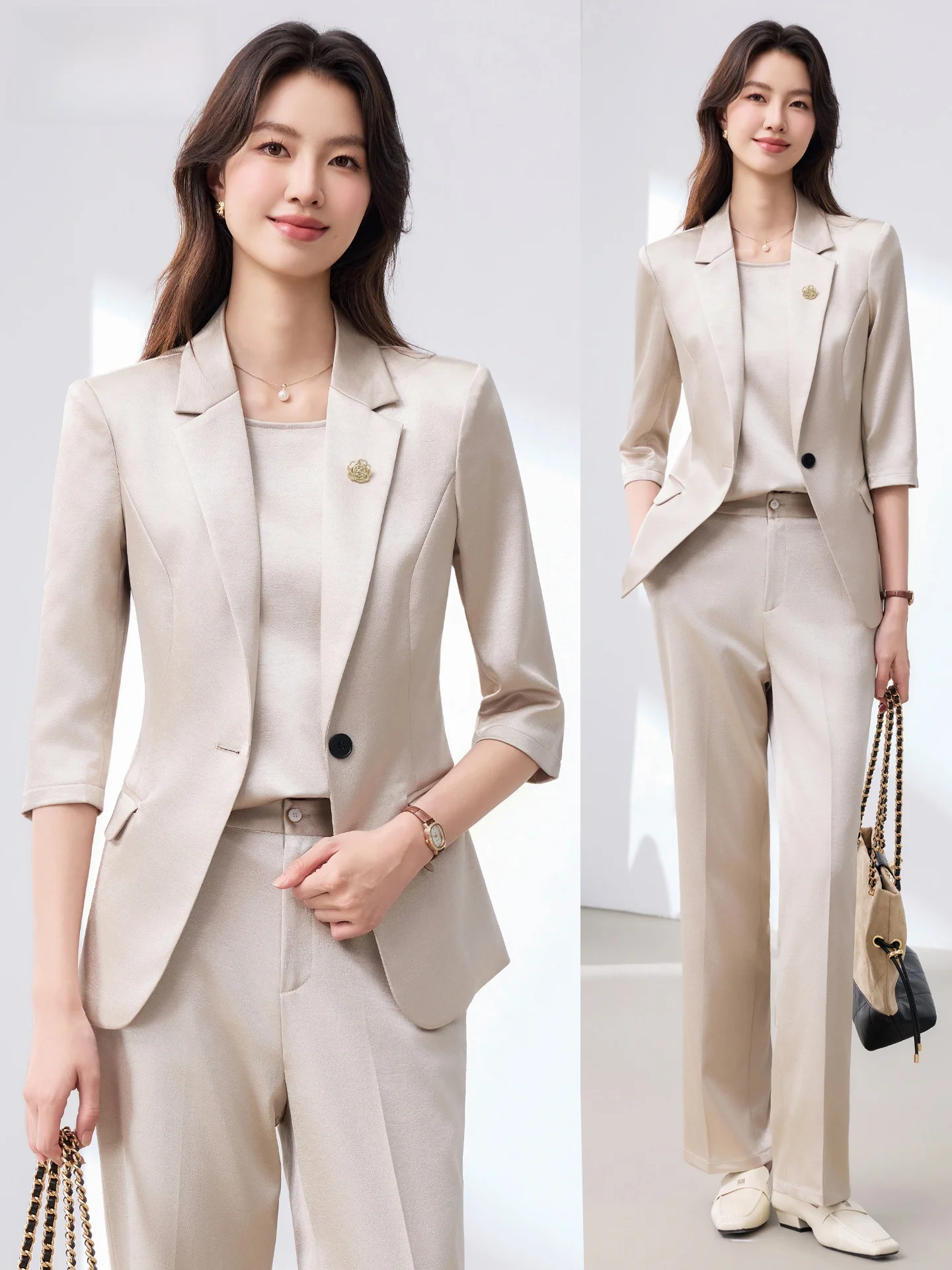 

Cherry Blossom Color Midi Sve Suit Set for Women Spring Summer New Sle Profional Commute Interview Formal Workwear