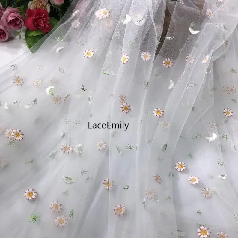 5 Colors daisy flower lace fabric daisy embroidery soft tulle fabric for wedding lace bridal lace dress fabric veil  51