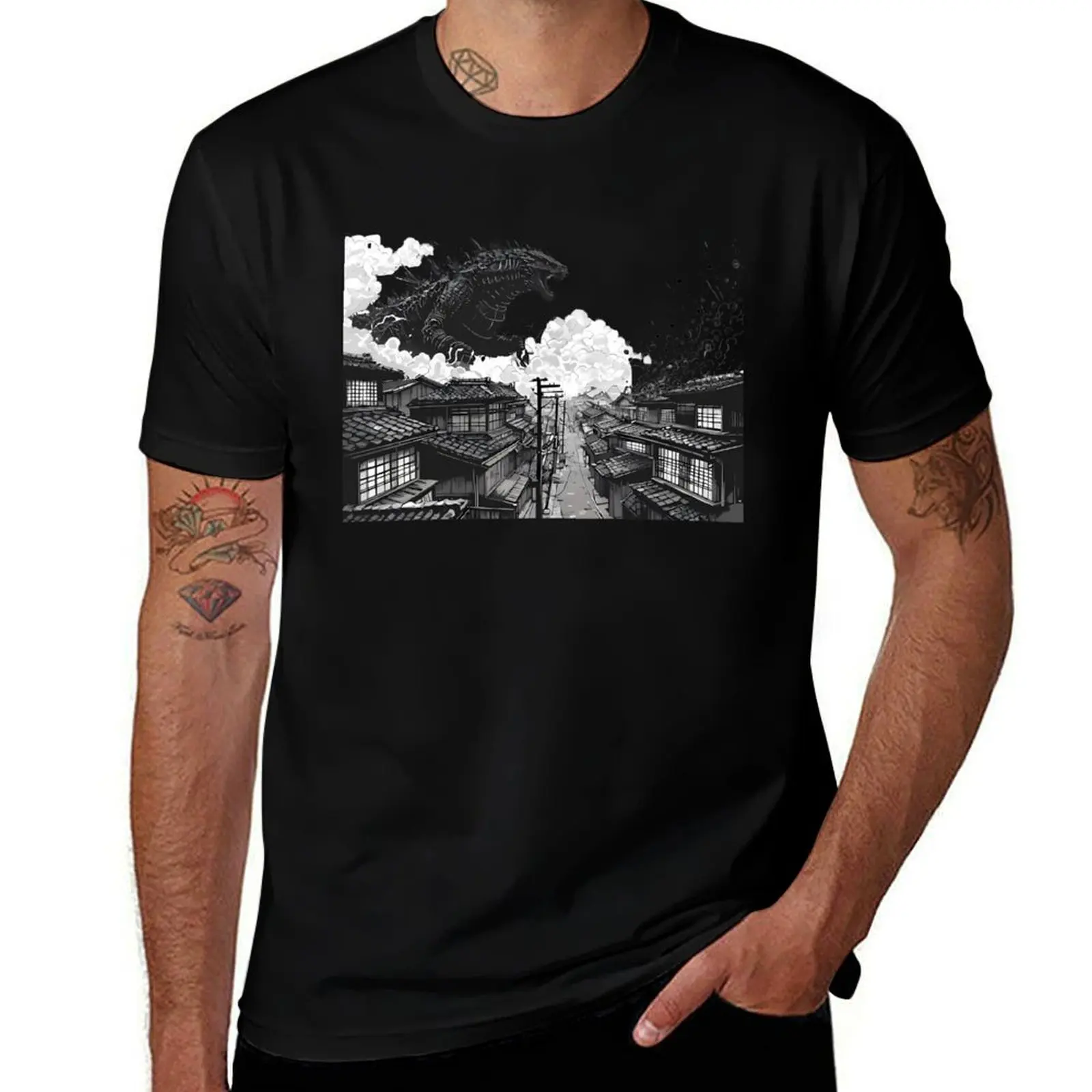 

Apocalyptic Kaiju Art Giant Beast vs. Traditional Cityscape T-Shirt sublime men clothes