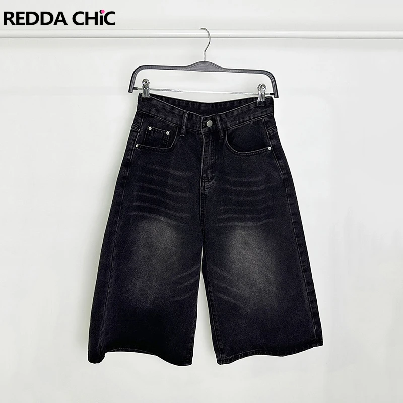 

REDDACHiC Уличные черные джинсовые брюки-бермуды, однотонные усы, потертые джинсовые шорты с низкой посадкой и широкими штанинами, большие размеры, повседневная одежда