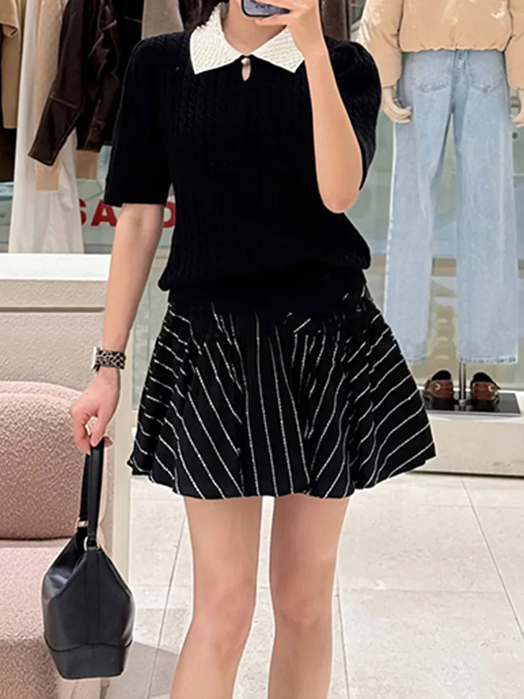 

Early Spring Knitted Sweater with Detachable Pearl Embelliment Small Collar Tassel Hollow out ort Sve Overhead