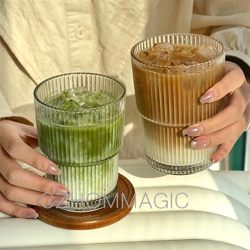 Grande capacidade Ripple Glass Cup, Stripe Transparent Coffee Mug, Bubble Tea Cup, suco de vidro, Drinkware Set para Home Bar, 1-6pcs, 400ml