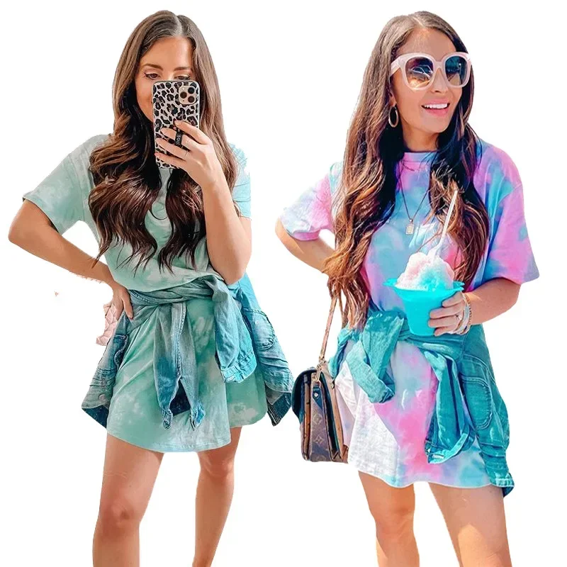 2024 패션 불규칙 프린트 반팔 티셔츠 드레스 캐주얼 스타일 편안한 미니 숏 A라인 하이 스트리트