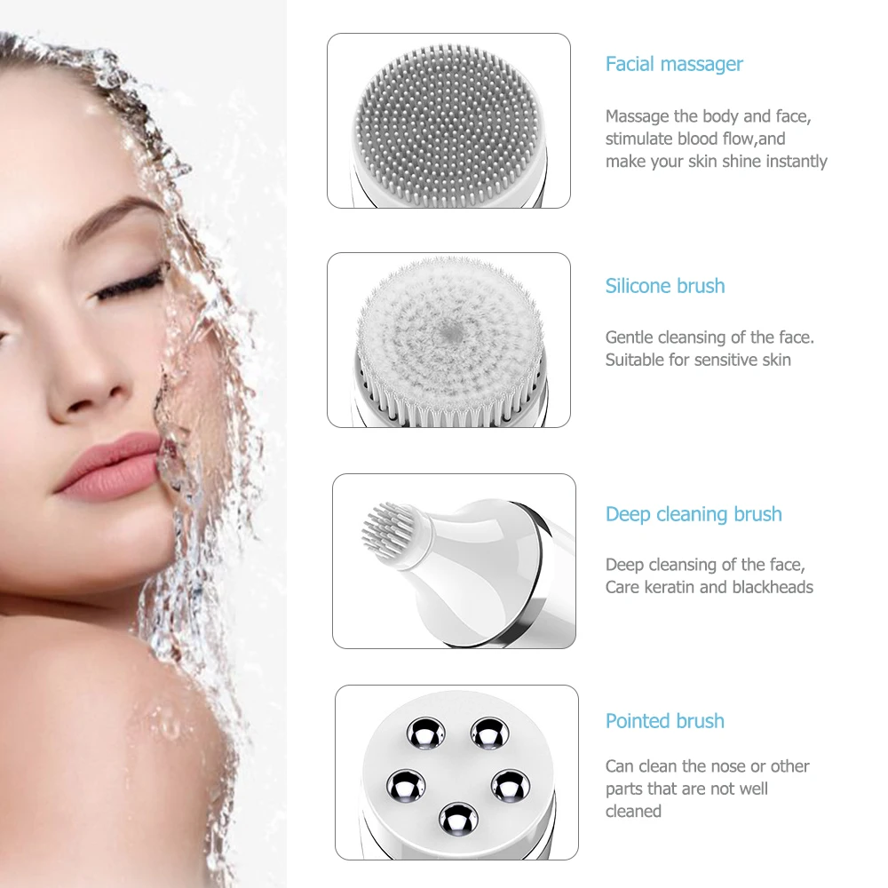 4 In 1 Soft Brush For Deep Cleansing IPX6 Waterproof Body Cleaner Facial Massager Remove Blackhead Machine Exfoliator Device