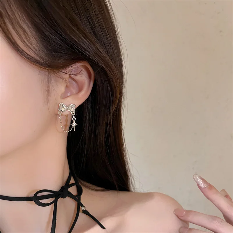 2024New Bow Zircon Long Chain Creative Fashion Design High-End Personalized Light Luxury Earrings Jewelry Gift image 5