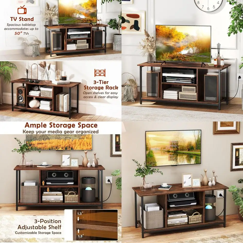 

50-Inch TV 3-Tier Entertainment Center with Adjustable Shelf and 2 Open Compartments, Rustic Brown Media Console