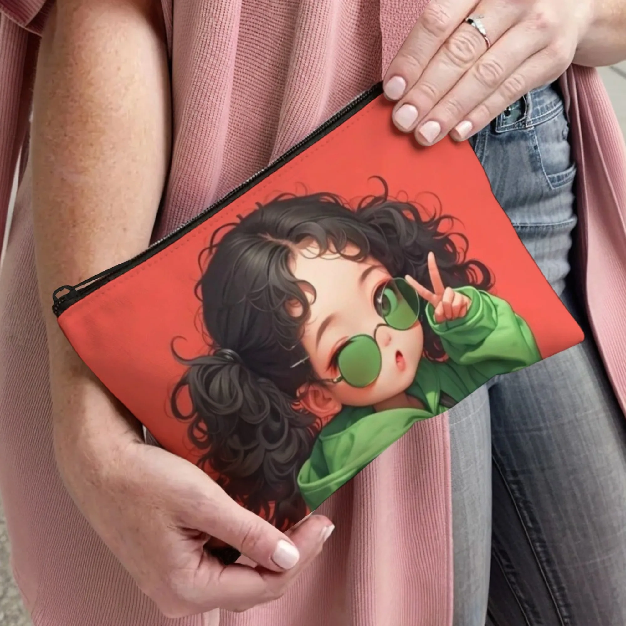 Curly-haired Girl Makeup Bag Lightweight Portable Cosmetic Case With Zipper Closure Perfect For Christmas Gifts Travel Organizer