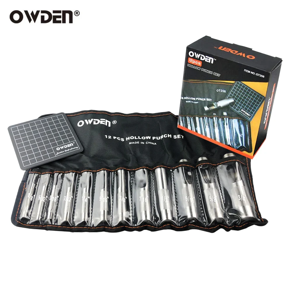 OWDEN 12 Pcs Leather Hole Punch Kit 3mm-19mm Round Steel Leather Craft Hollow Hole Punch Tool Set