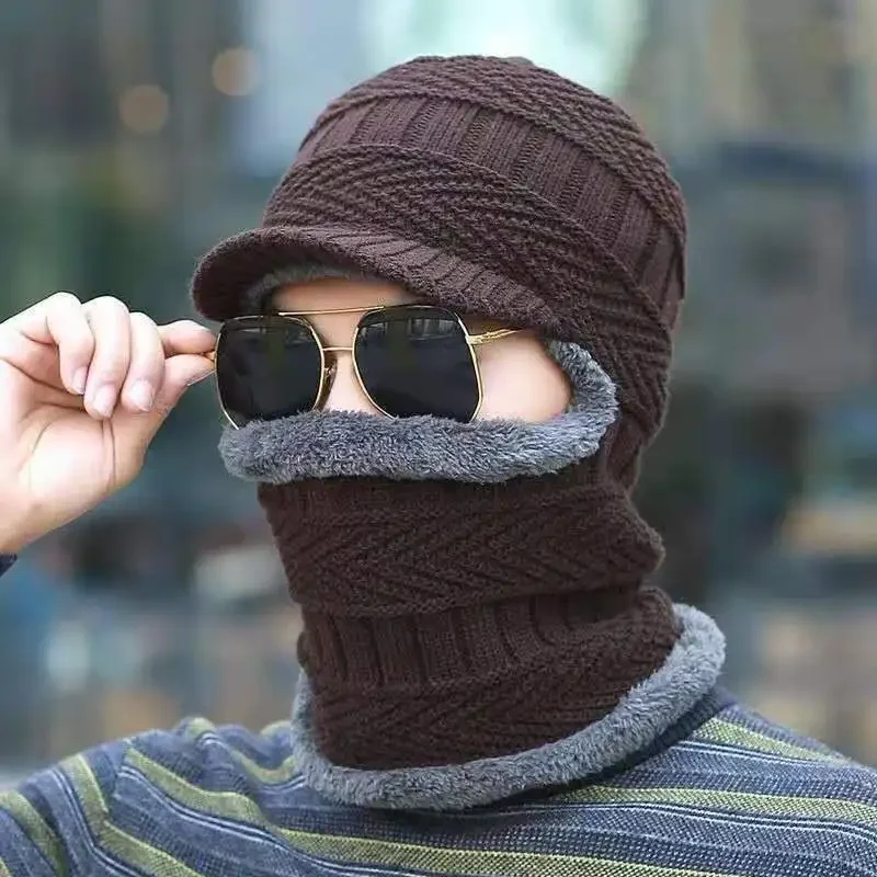 Gorro de invierno con visera de punto para hombre y mujer, gorros gruesos y cálidos con orejeras, bufanda de lana, pasamontañas para ciclismo