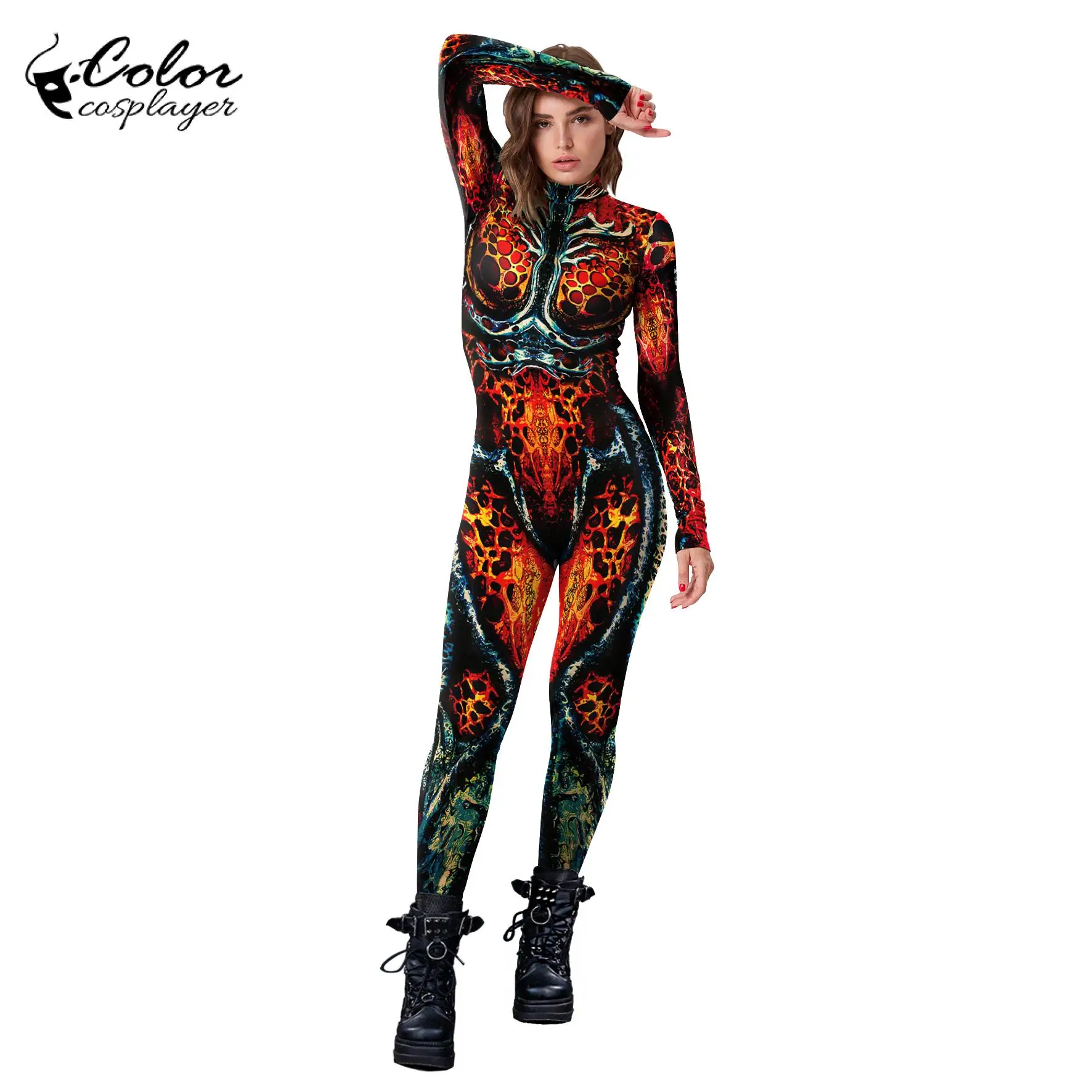 Kleur Cosplayer Film Cosplay Jumpsuit Sciencefiction 3d Print Catsuit Rits Bodysuit Halloween Kostuum Volwassen Kleding