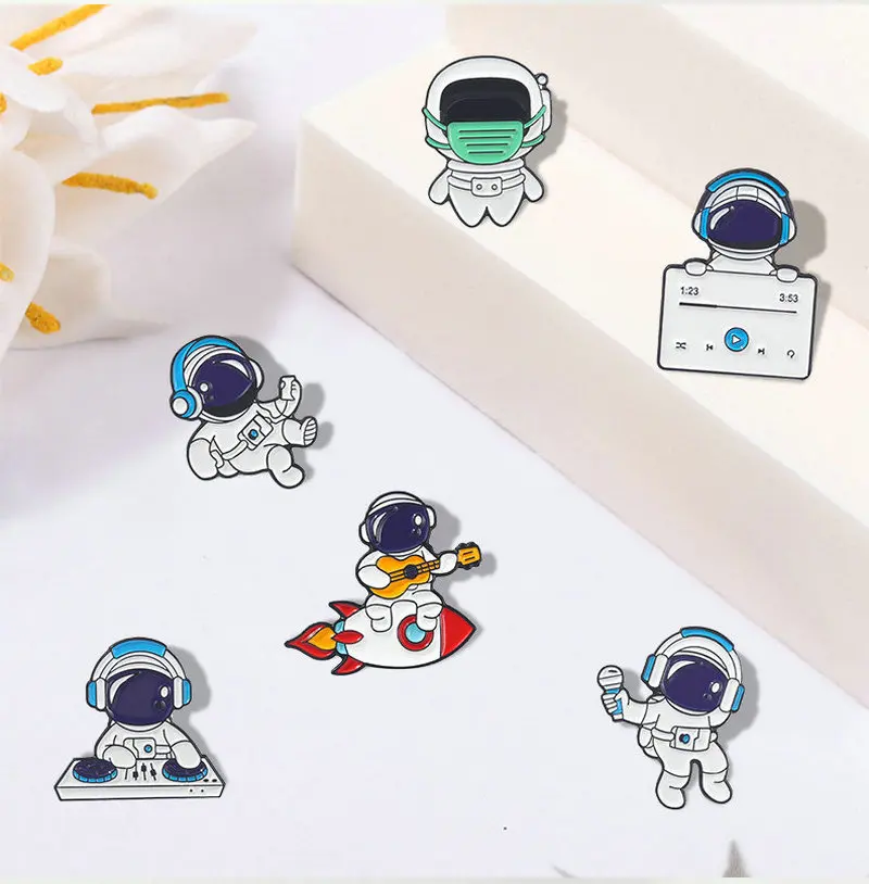 Music Astronaut Enamel Pin Custom Dreamer Guitar Microphone Singer Brooch Bag Badge Childlike Cartoon Jewelry Pins Gift for Kids