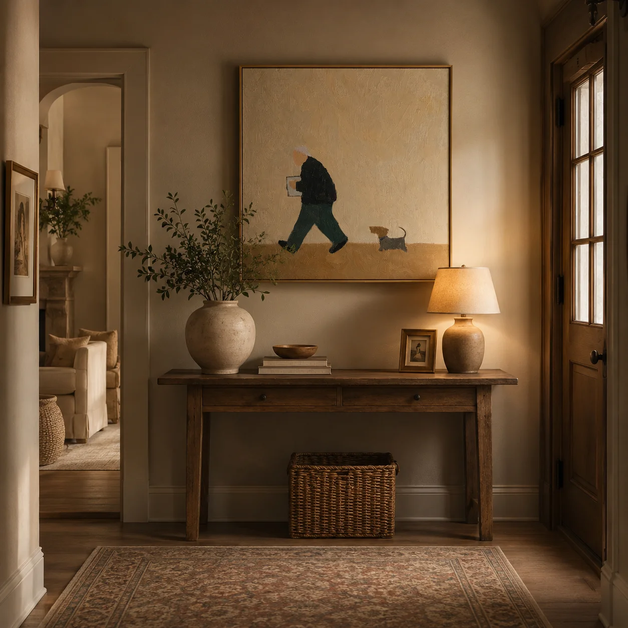 The Evening Reader – Quiet Beige Folk Man & Dog Portrait Painting | Minimalist Square Entryway Art for Bedroom, Living Room view 5