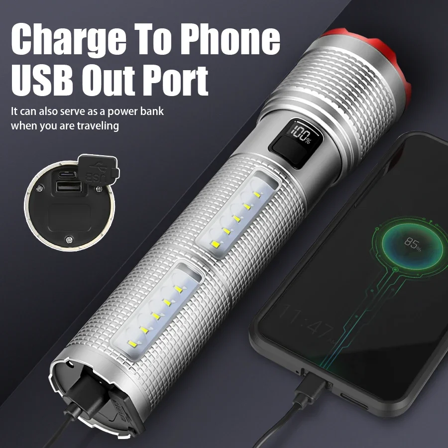 Lampes de poche Led haute puissance forte, torche latérale COB avec affichage, charge de Type C, lanterne Zoom pour Camping, pêche, Defensa