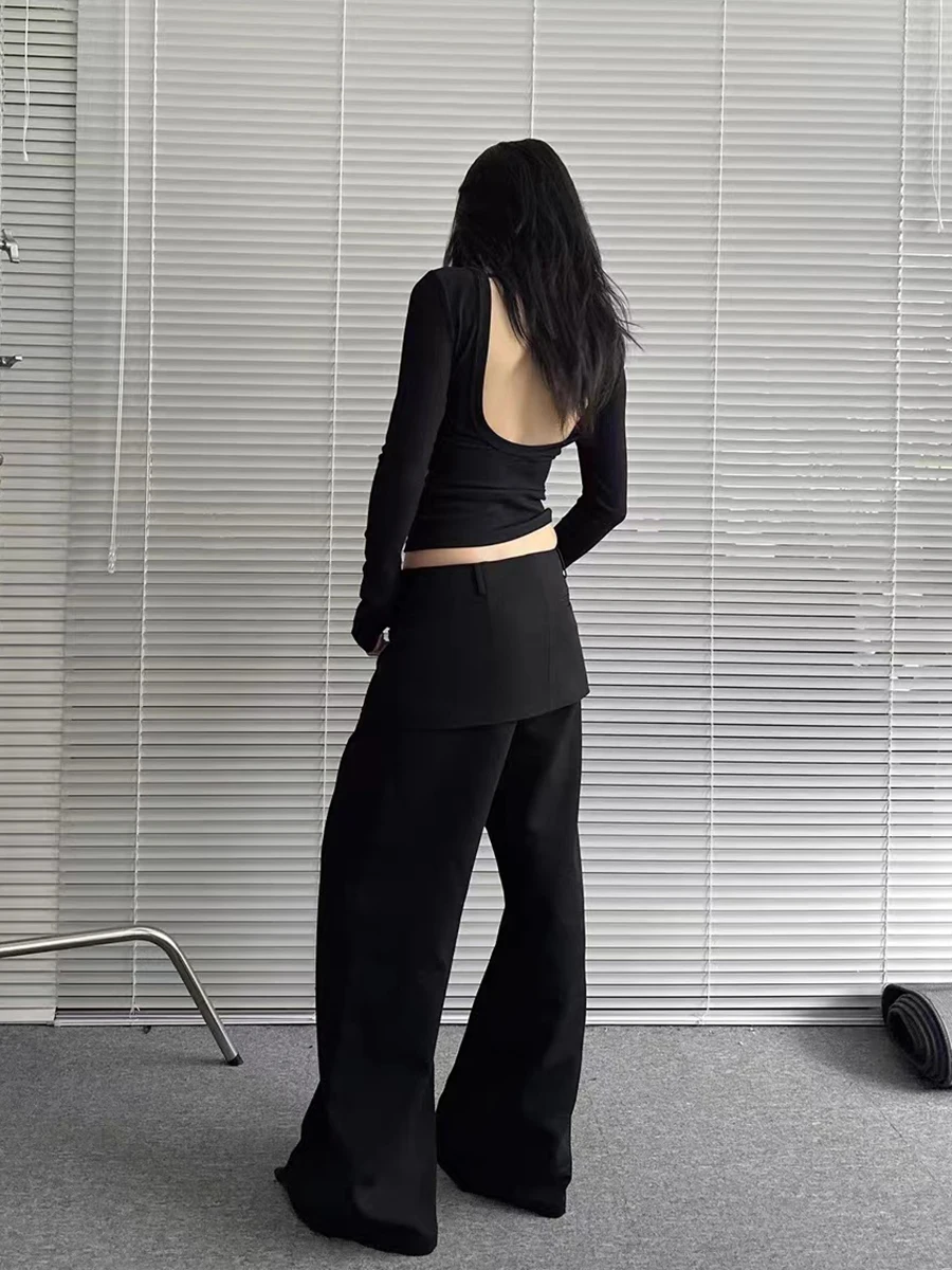Sexy Slim Fit Long Sleeve Backless Bell Sleeve T-Shirt Women's Base Shirt Top Spring Fashion Trend Binding Design Pure Color