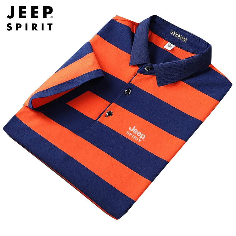 

JEEP SPIRIT Contrast POLO Shirt Men Fashion Business Stripe Shirt Collar Short Sleeve T-shirt Simple Temperament Slim Fit Top