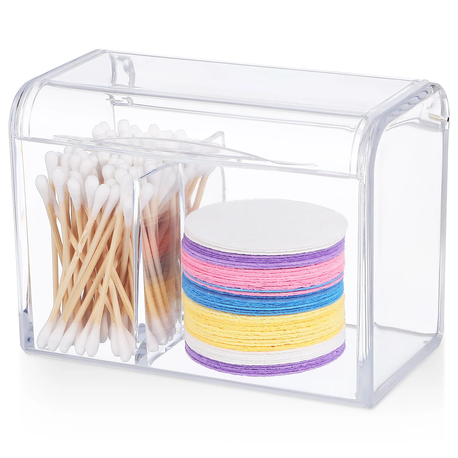 Cotton Swab Container Large Capacity Acrylic Double-Compartments Flip-Top Lid Cotton Pad Holder Clear Organizer Dispenser Box