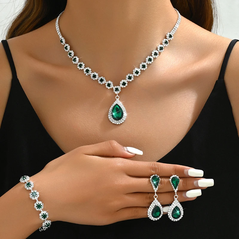 3 Pcs Rhinestone Bracelets Earrings and Necklace sets for Women Luxury Waterdrop Bridal Jewelry set Wedding Costume Accessories