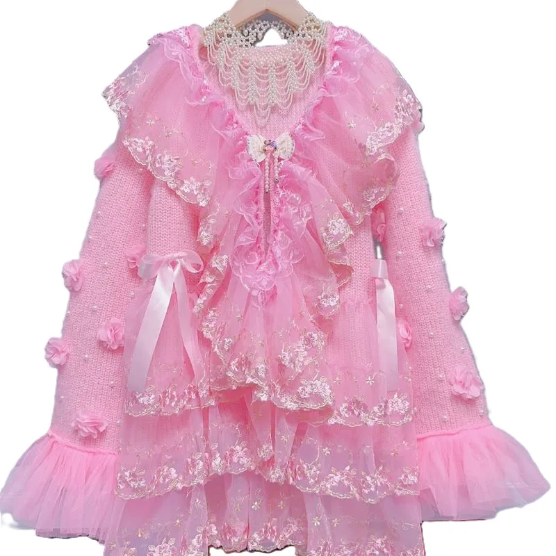Women Sweet 3D Floral Knitted Coat Lace Layer Ruffles Bow Fluffy Soft Sweater Kawaii Lolita Girl Princess Style Top