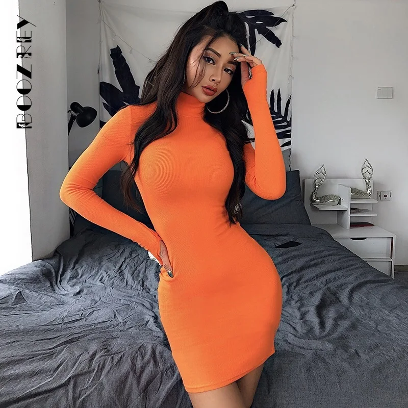 

BoozRey Turtleneck Long Sleeve Skinny Mini Dress Women Spring Sexy Sporting Style Dresses Bodycon Slim Yellow Party Clubwear