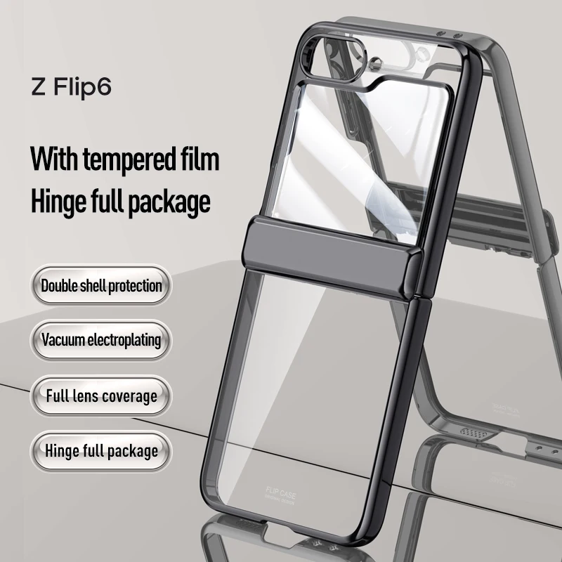 Electroplating Transparent  Phone Case for Samsung Galaxy Z Flip 6 5 Flip6 Flip5 5G Full Hinge Protection Shockproof Cover