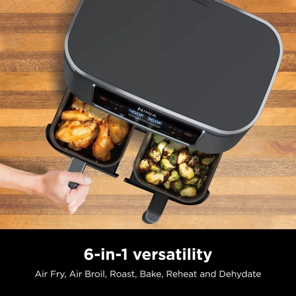 Air Fryer，8 Quart 6-in-1 2 Independent Frying Baskets, Match Cook & Smart Finish to Roast, Dehydrate & More for Quick, Grey