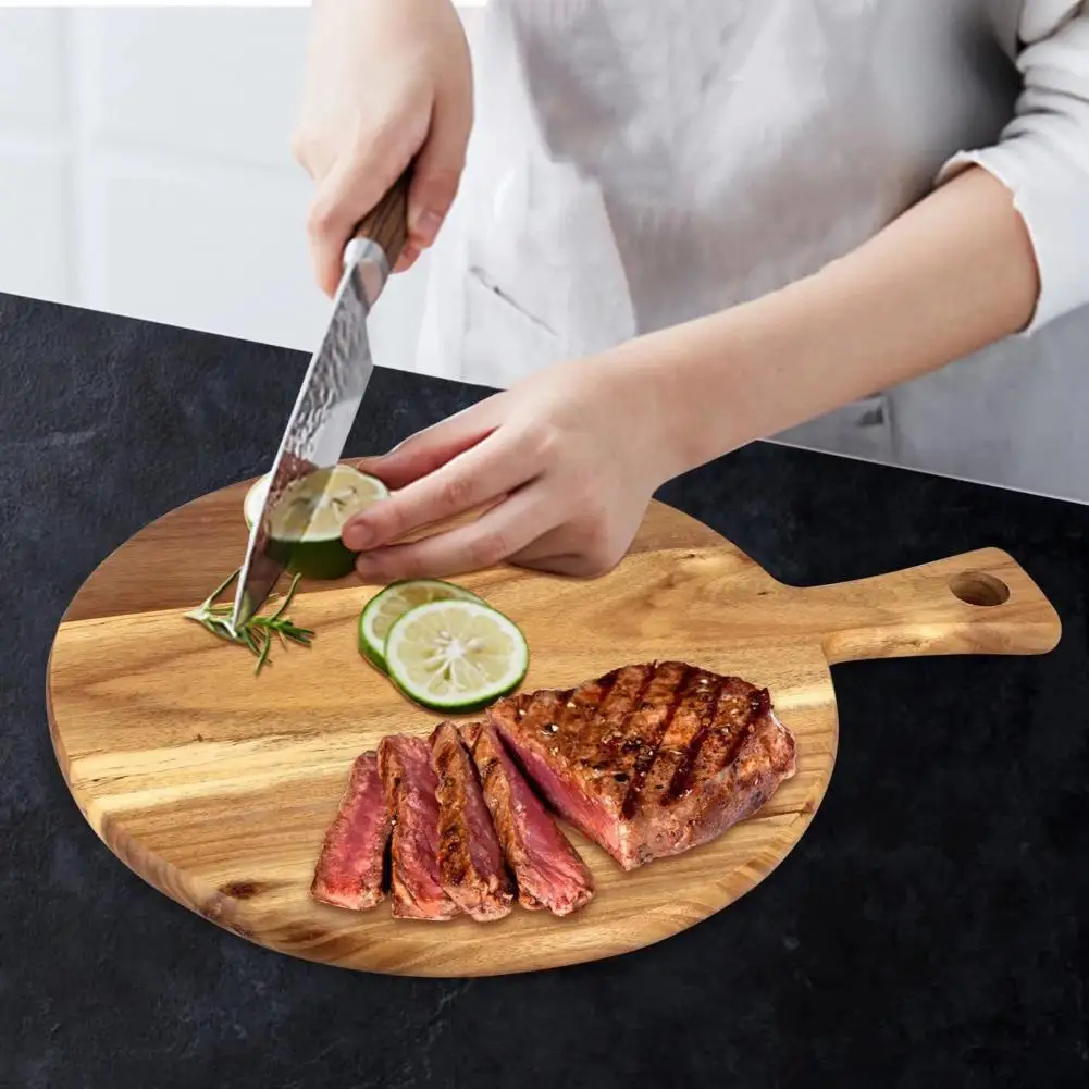 Wooden Cutting Board Round Pizza Board Wooden Charcuterie Board with Handles Acacia Wood Serving Tray for Cheese Meat