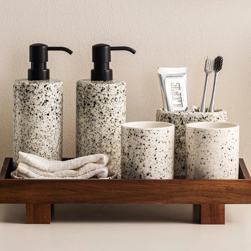 Spot Ceramic Bathroom Accessories Set Emulsion Dispenser Toothbrush Holder Wooden Pallet Tumbler Cup Bathroom Accessories