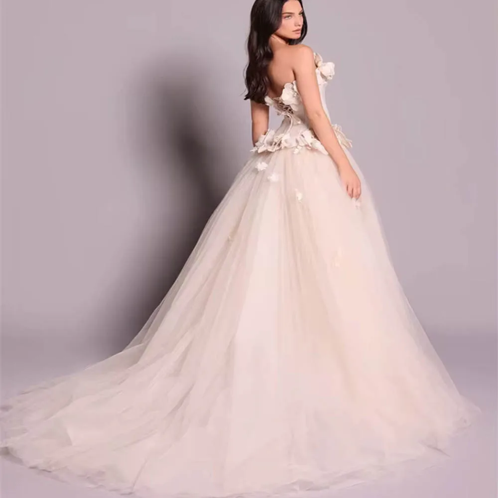 فستان زفاف مخصص بدون حمالات للنساء العروس على شكل حرف a من التل أنيق برباط خلفي بطول الأرض فستان زفاف #2