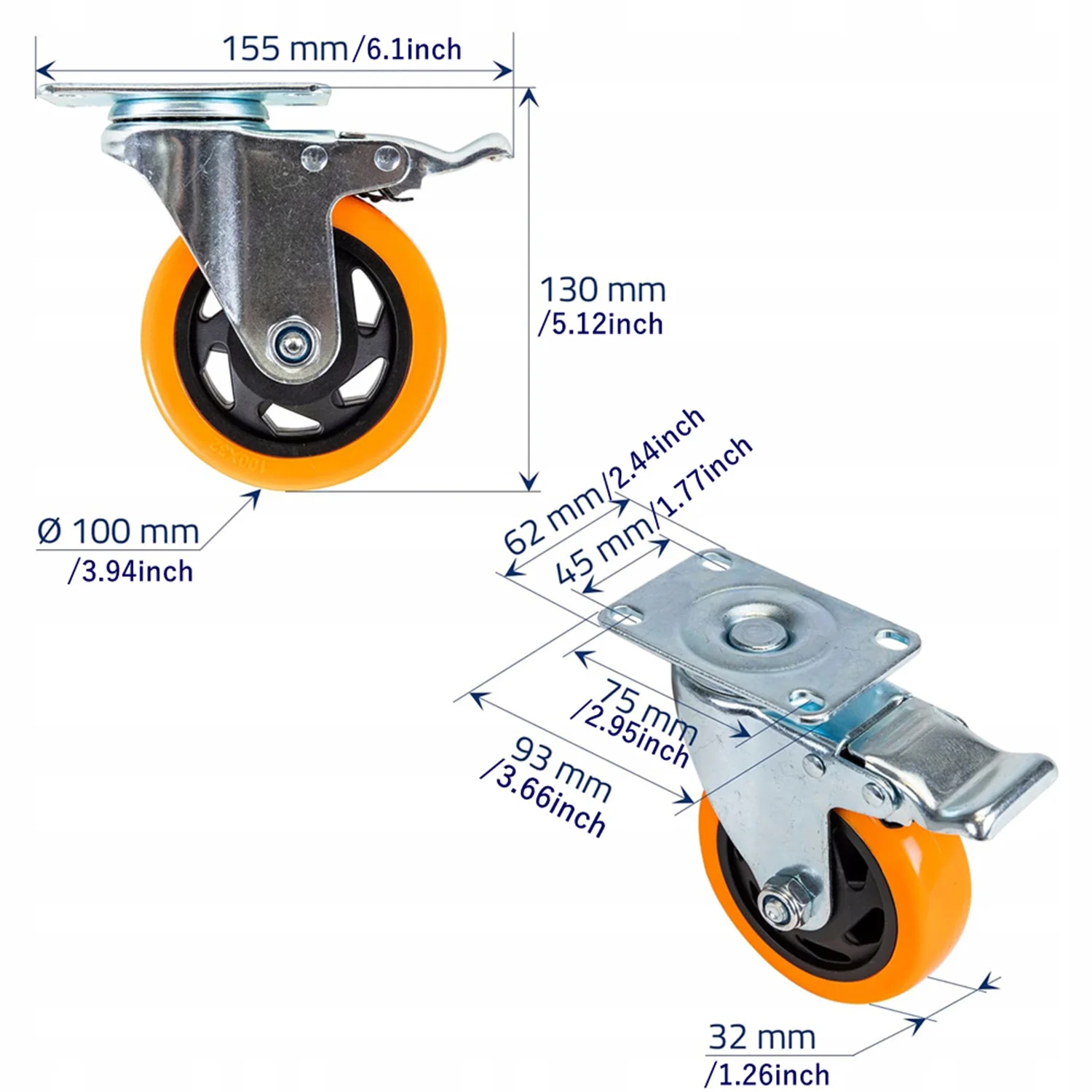 4 Stück Lenkrollen, 4 Zoll Plattendrehrollen mit Bremse, 360-Grad geräuscharme Räder, Industrierollen, Feststellrollen für Möbelwagen und Werkbänke – Detail 3