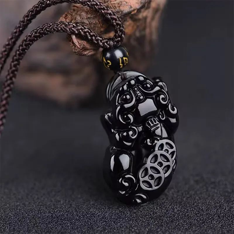 Natural Obsidian Three-Qian Pixiu Pendant, Yellow Glass, Zodiac Year Charm, Unisex, Ball-Shaped Necklace, Keychain Penda