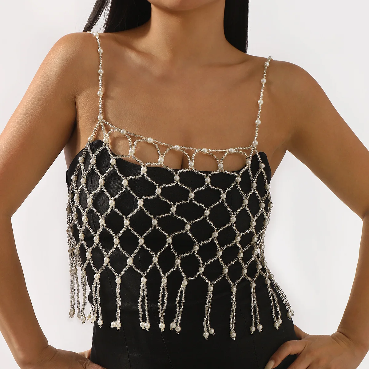 C0712 Hand-woven fringed pearl rice bead body chain, elegant beaded outer wear sling vest accessories