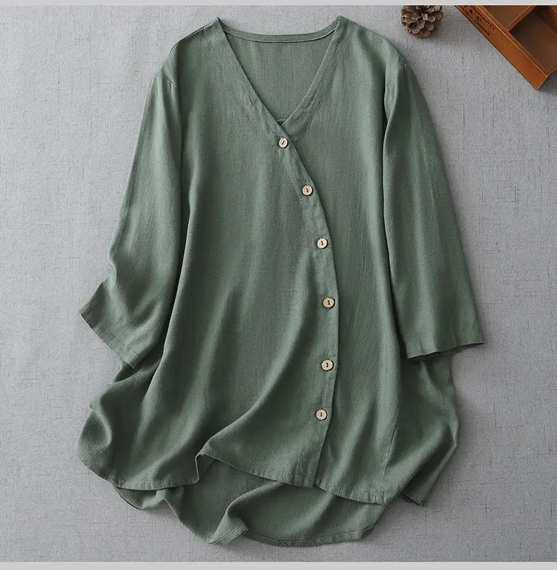 Plus Size Women's Casual Retro V-Neck Blouse Loose Linen Office Lady Fashion New Arrival Trendy Comfortable image 2