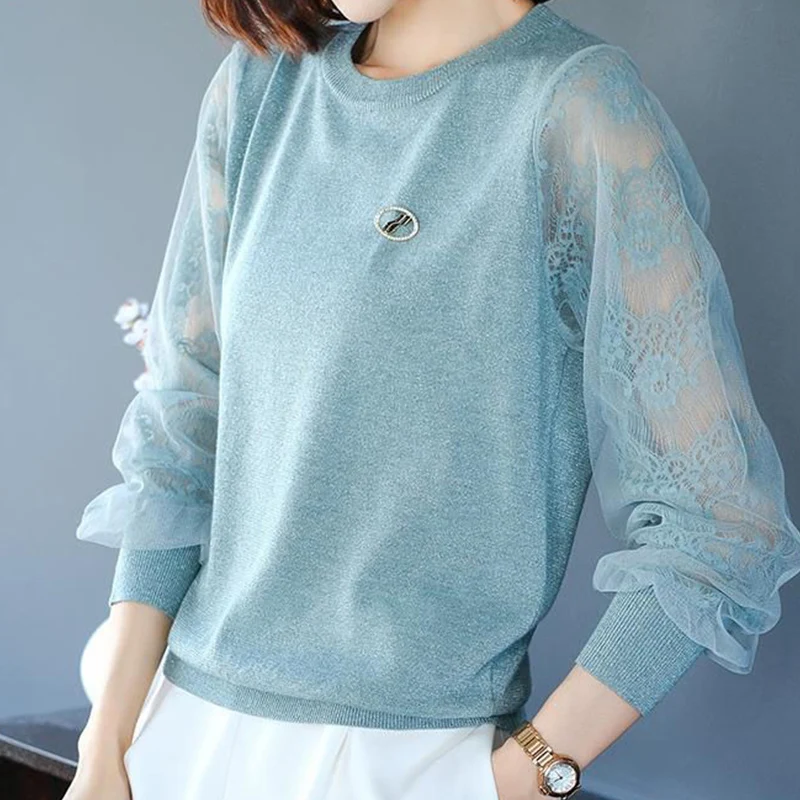 Elegant Fashion Patchwork Hollow Out Knitted T-shirt Autumn 2024 Commute Long Lantern Sleeve O-Neck Loose Tops Women\'s Clothing