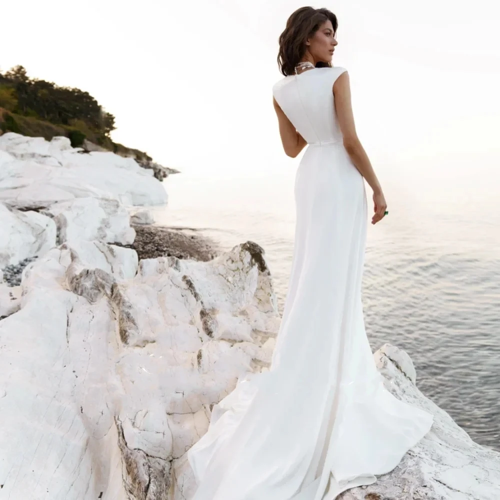 Vestido de casamento sereia cvil com decote em v divisão plissado cetim sem mangas simples vestido de noiva trem varredura 2024 vestidos de novia feito sob encomenda