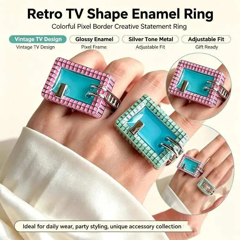 Mini Swimming Pool Shape Ring Enamel Grid Square Finger Ring Sweet Cool Y2K Exaggerated Girl Ring Party Fashion Jewelry Gift