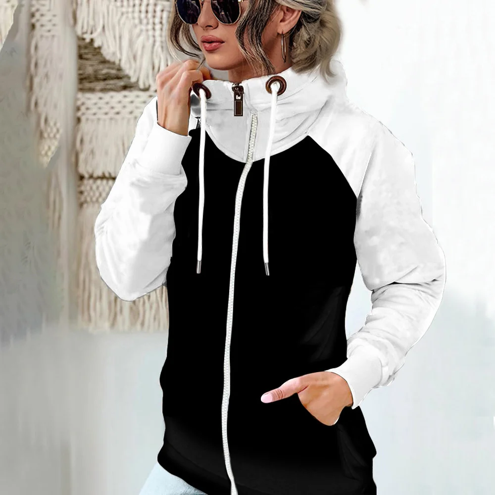 

Autumn Winter Women's Plush Warm Hoodies Sweatshirt Fashion Zipper Hight Neck Thick Loose Hoody