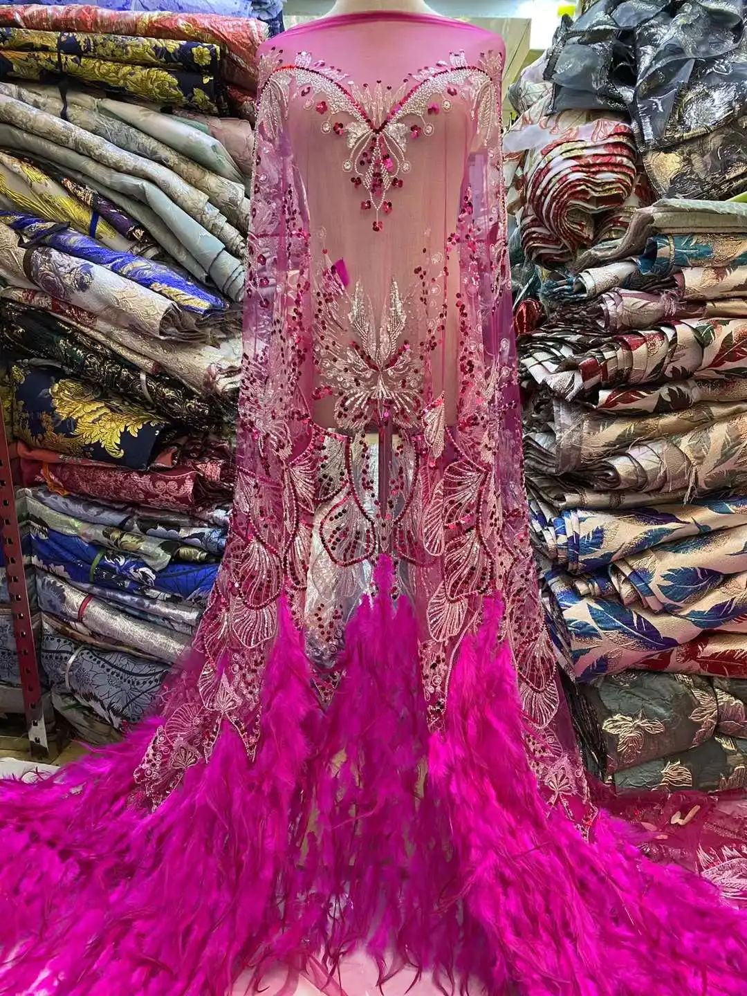 African Luxury 3D Feather Lace Fabric Beaded Lace 2023 High Quality Bule Nigeria Sequin Fabrics for Wedding Evening Dress Sewing