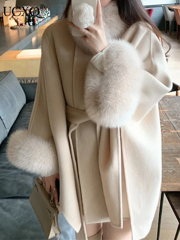 UCXQ Elegant Woolen Coat European Style Fox Fur Collar Cape Shawl Loose All Match Fashion Women\'s Coats 2024 Autumn Winter C2400