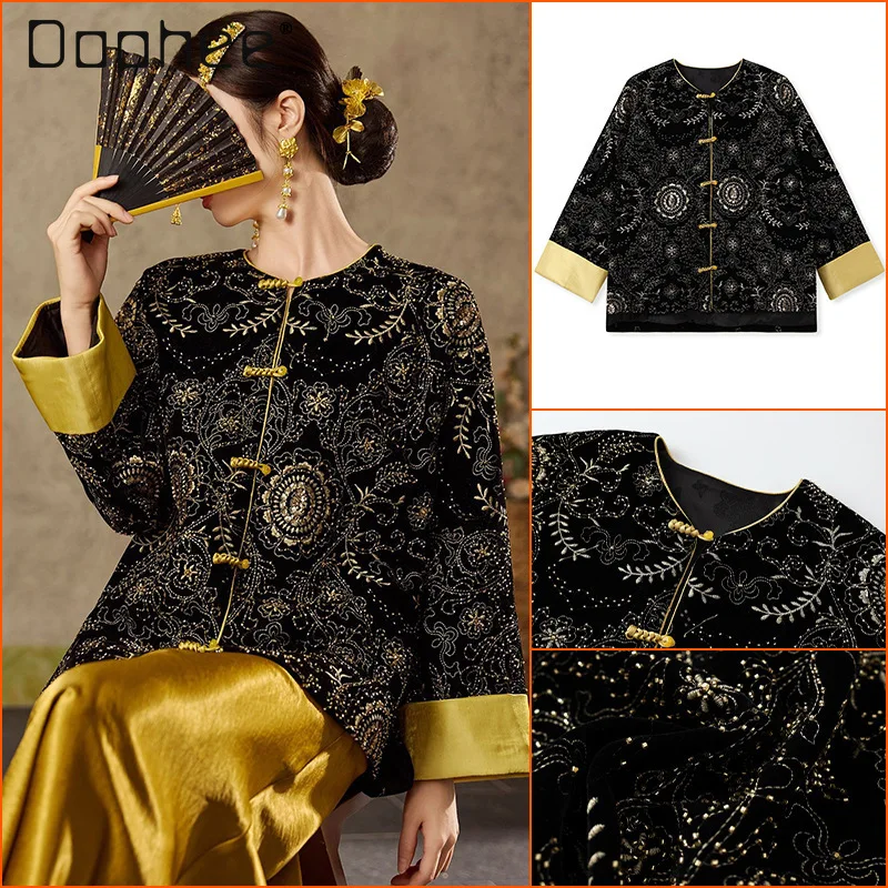 

2026 Spring New Chinese Style Retro Floral Embroidery Sequin Color Block Button jacket Top Elegant Socialite Coat for Women