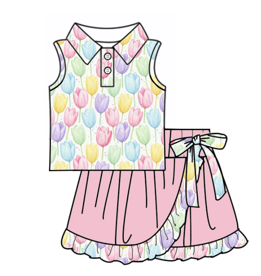 Boutique Hot-selling Girls Outfit collared sleeveless button-down top paired ruffled bow decoration mini skirt flower print