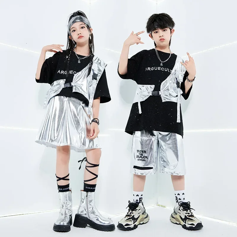 

Kids Black T-shirt Hip Hop Silver Vest Street Dance Shorts Girls Sequin Skirt Teens Boys Jazz Clothes Sets Summer Stage Costumes