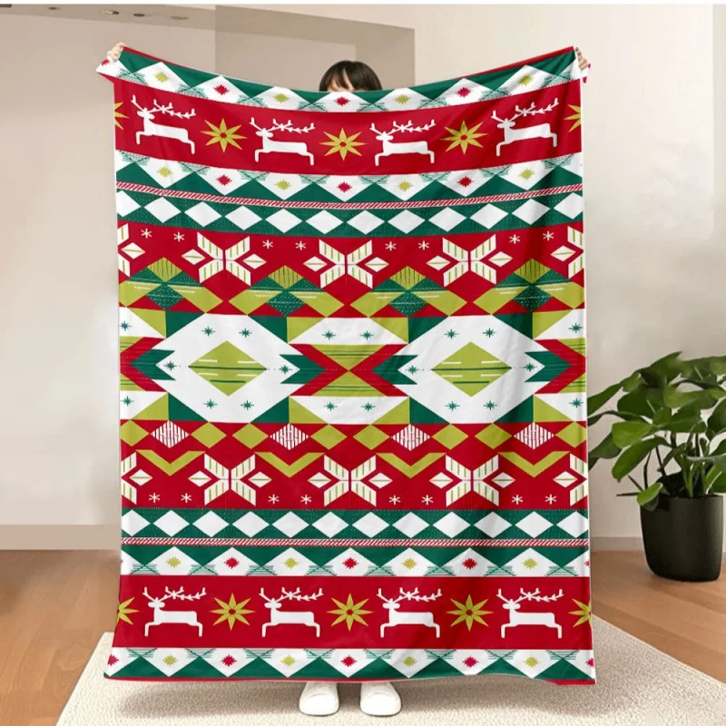 VIKAMA Multicolor Fair Isle Striped Snowmen Soft Throw Blanket, Fleece Cover for Couch Sofa Bed, Cozy Xmas Gift for Family