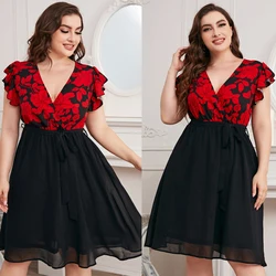 Sweet Ladies Dresses 2022 Year Fashion Short Skirt Red Rose Flora Young Chubby Woman Elegant Plus Size Summer Clothing Chiffon