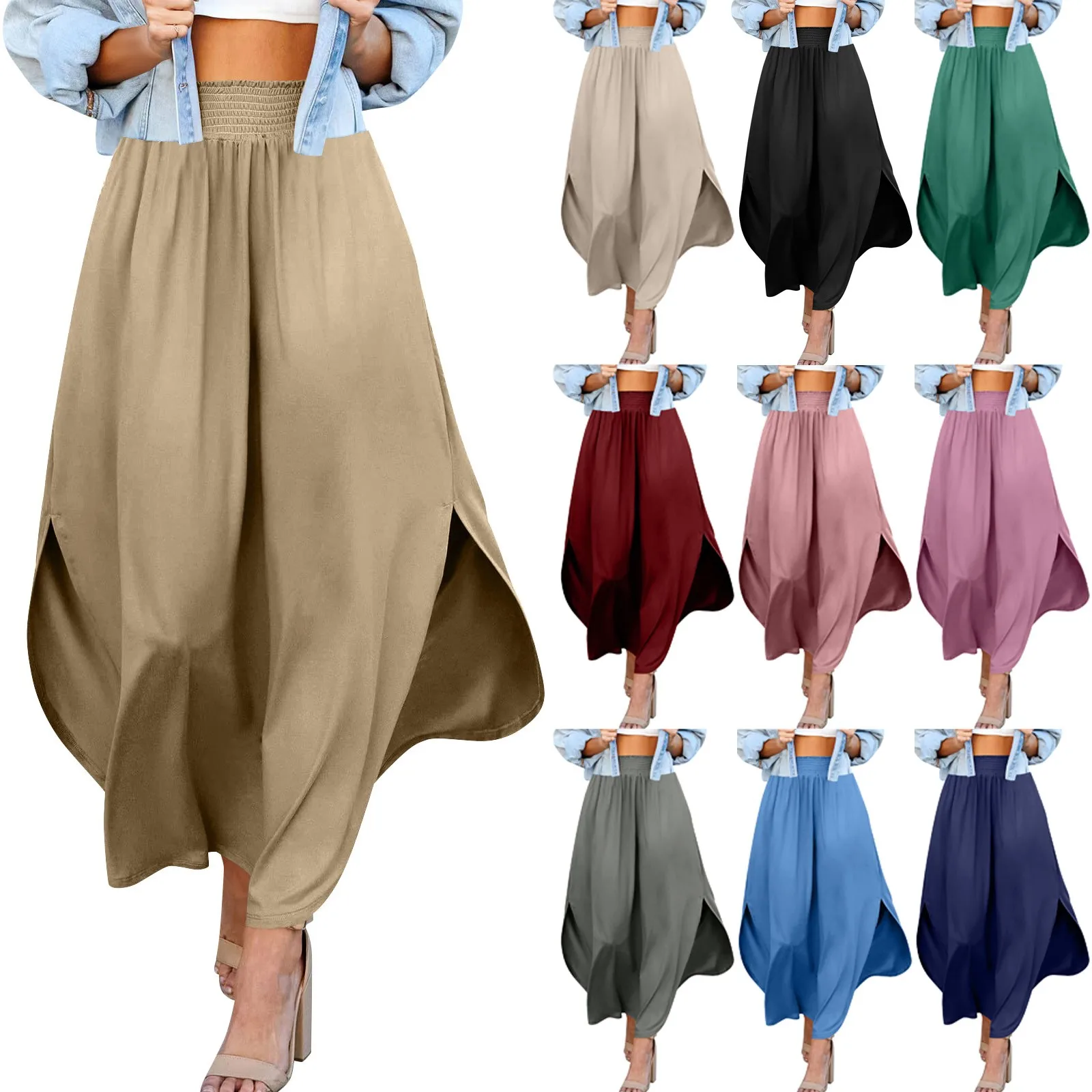 Women'S Irregular Hem Skirts Casual Fashion Solid Elastic Band Loose Pockets Pleated Half-Body Skirts Daily Commute Comfy Skirts