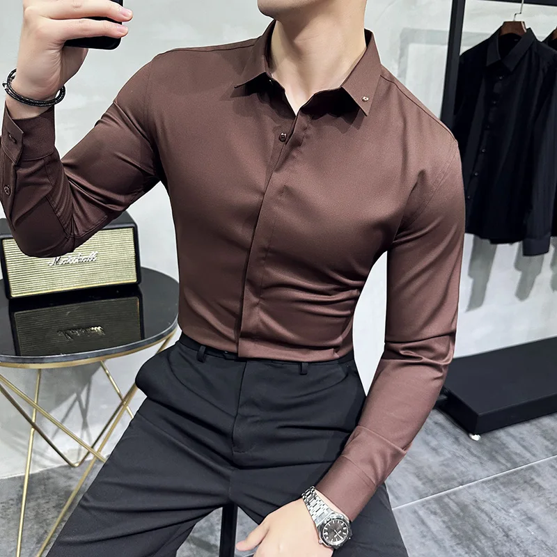 High Quality Solid Dress Shirt Men Simple Long Sleeve Slim Fit Business Shirts Homme Social Casual Shirt Plus Size 4XL-M