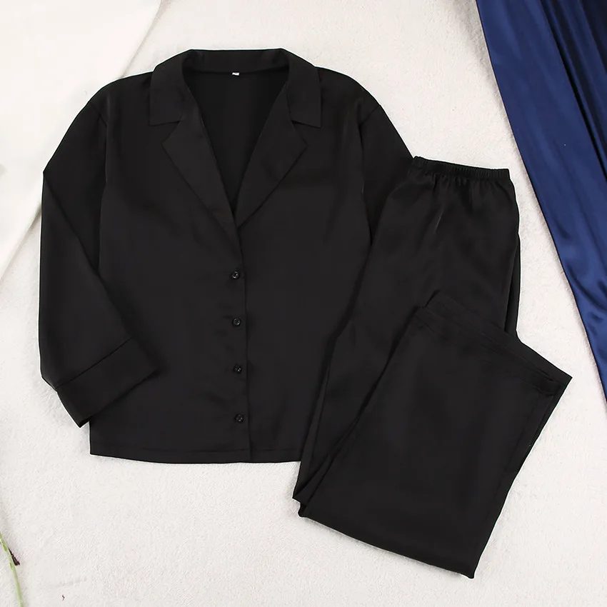 Two Pieces Women Pajama Sets Single Breasted Blouses Lounge Full Sleeve Spliced Straight Pants Casual Solid Lady Sleepwear