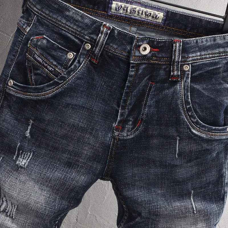 y2k Fashionable Y2KRetro Men's Jeans High Quality Retro Blue Elastic Slimming Ripple Embroidered Jeans Men's Casual Designer D