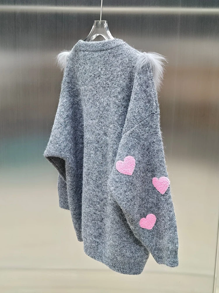 2025年女性用秋の本物の毛皮プルオーバーコート、本物のキツネの毛皮ストライプOネックニットセーターコート、女性用高級ジャケット