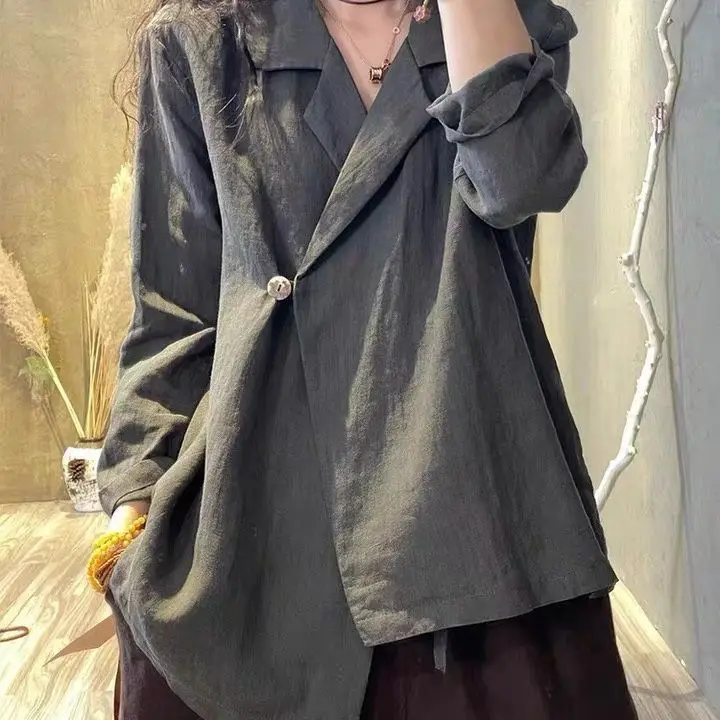 ใหม่แฟชั่นบริสุทธิ์ลดอายุเสื้อสูทผู้หญิง Retro วรรณกรรมอารมณ์สบายๆปุ่มเสื้ออินเทรนด์